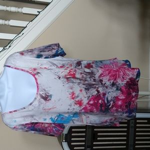 Simply Aster by Firmiana Short Sleeve Top, Aqua/Magenta Flowers over Cream Sz 2X